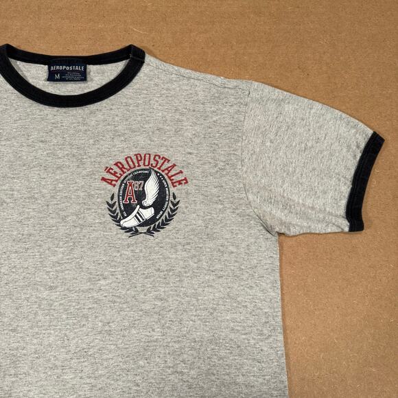 Y2K Aeropostale Ringer T-Shirt Track & Field A87 Logo Gray Black Trim Size M - Picture 3 of 6